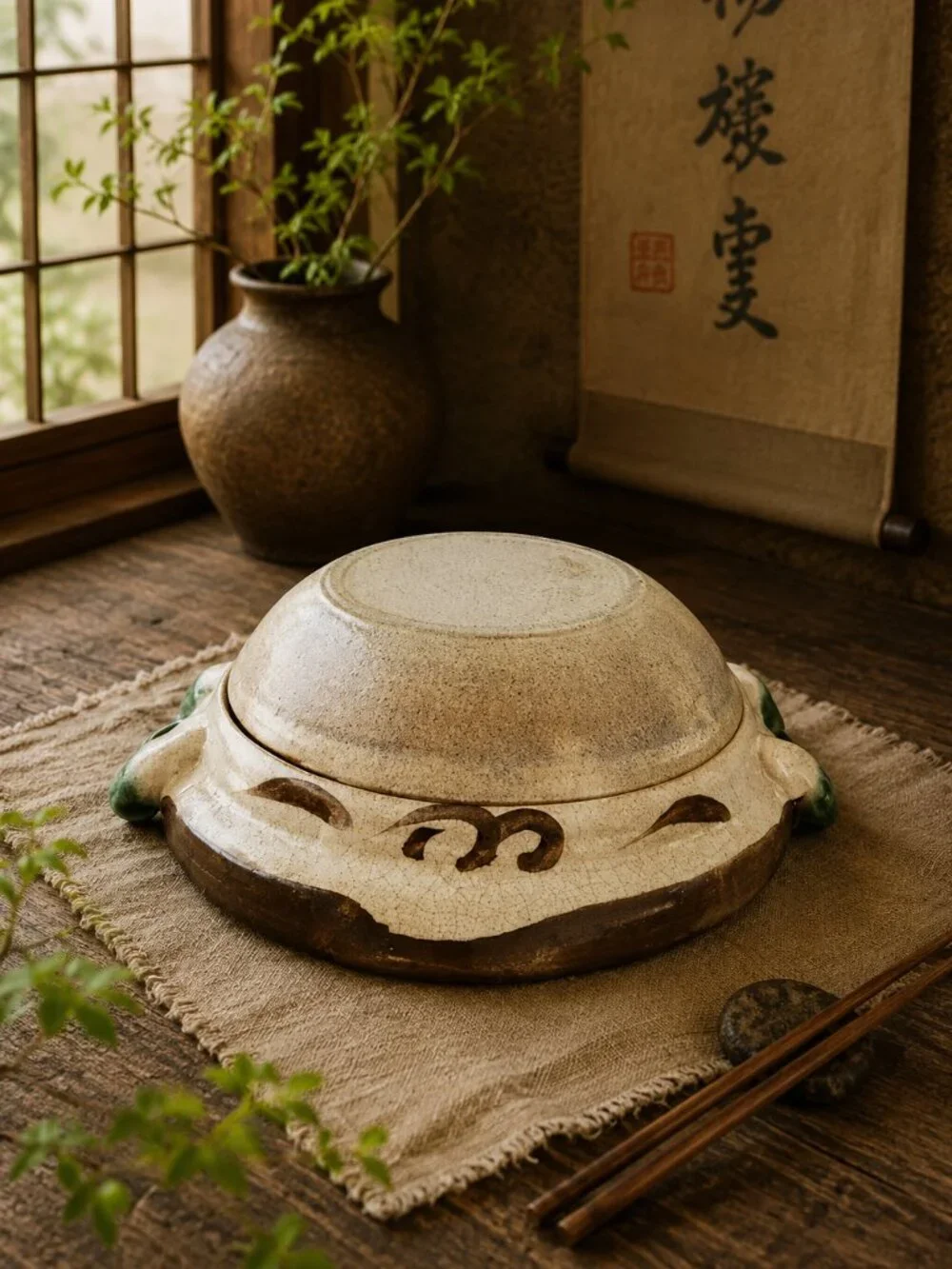 Rare Japanese Donabe Pottery Hot Pot Green-Glazed Lid Brown-Painted Ornate Base